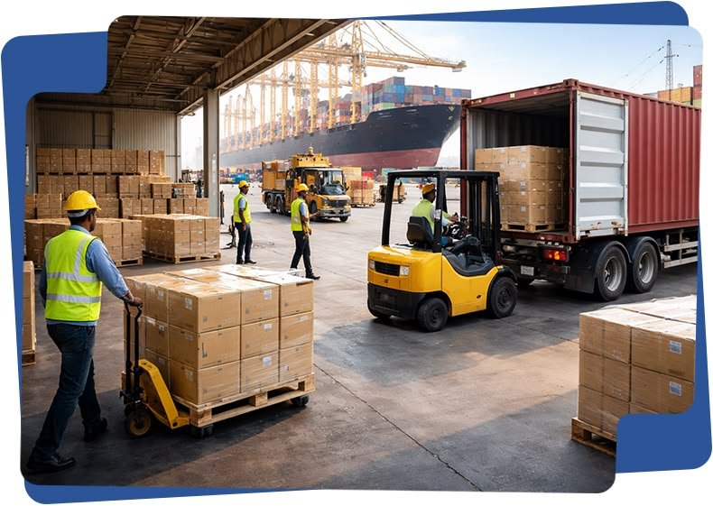 Warehouse team loading palletized cargo into a container