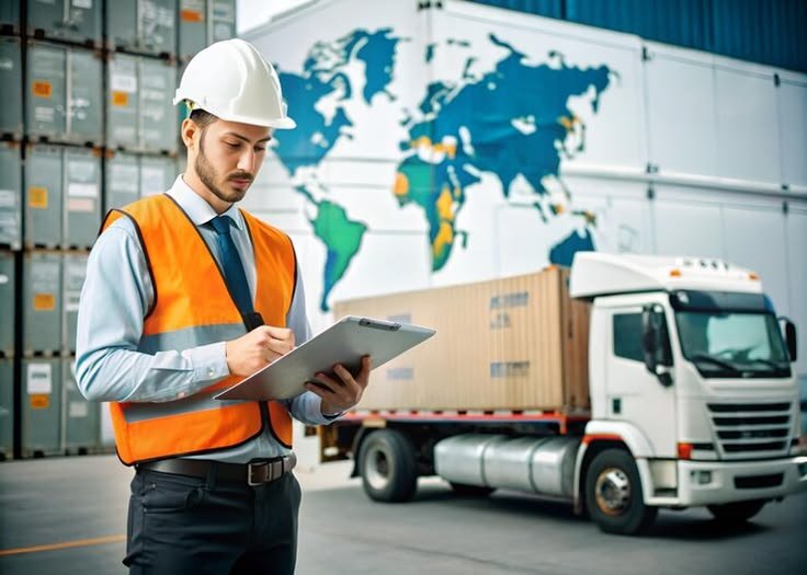 Logistics supervisor inspecting cargo beside a container truck