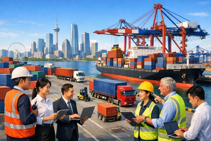 Logistics team coordinating trucks, containers, and a cargo ship at a seaport